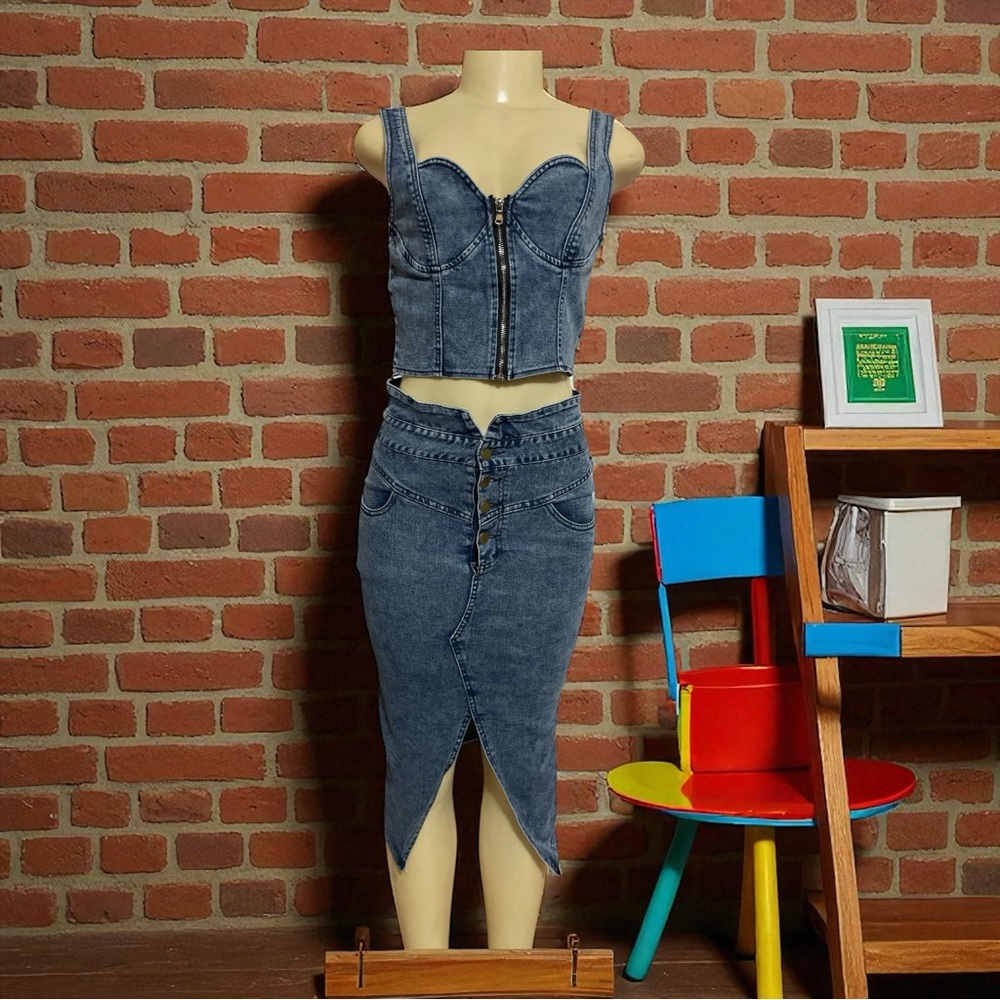Fashion Denim Two-Piece Set with Zipper Detail